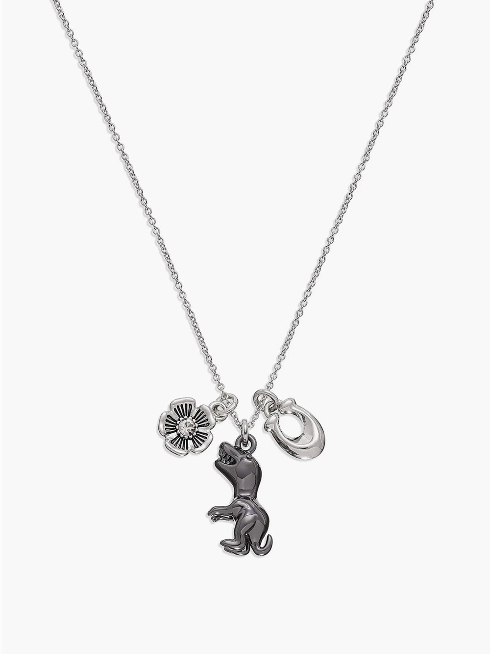 Coach Rexy, an engraved flower and a signature C charm necklace